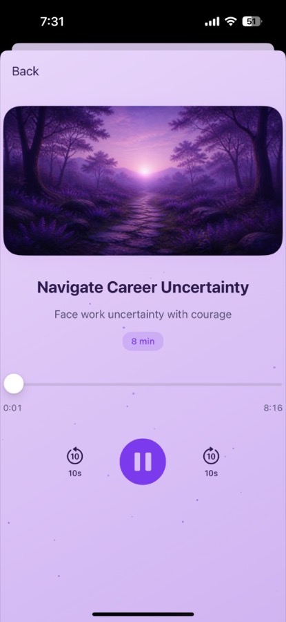 Breebo Navigate Career Uncertainty meditation player in light theme