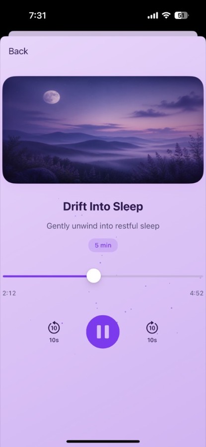 Breebo Drift Into Sleep meditation player in light theme
