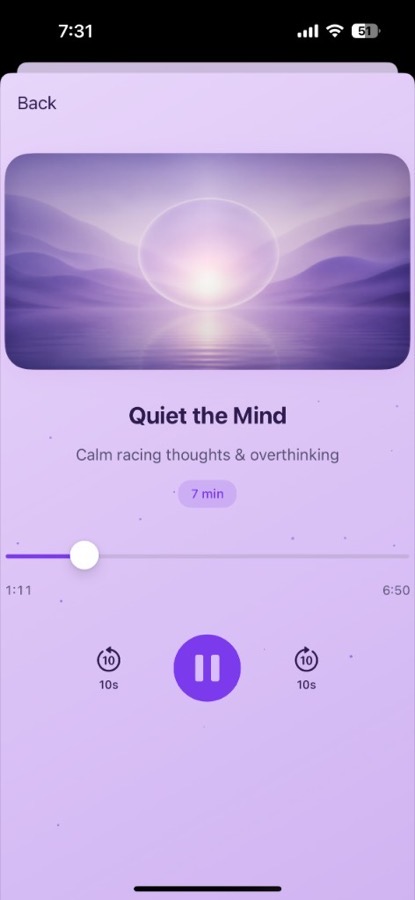 Breebo Quiet the Mind meditation player in light theme