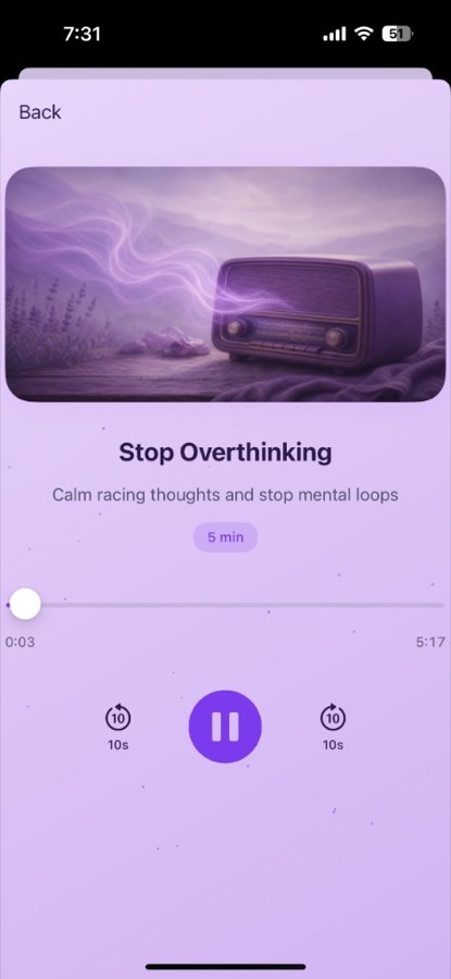 Breebo Stop Overthinking meditation player in light theme